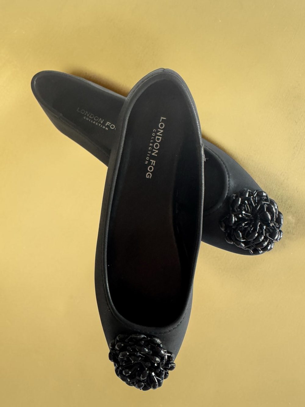 London Fog Caira Black Slip-On Flats with Floral Medallion